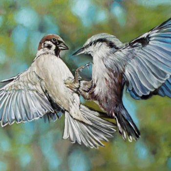 Schilderij getiteld "Little Angry birds.…" door Alexander Volya, Origineel Kunstwerk, Olie