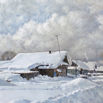 Pintura titulada "Snowy winter in vil…" por Alexander Volya, Obra de arte original, Oleo