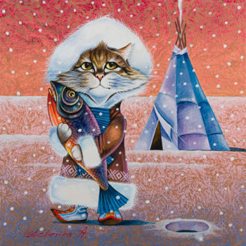 Malerei mit dem Titel "Eskimos Cat" von Alexander Ishchenko, Original-Kunstwerk, Acryl