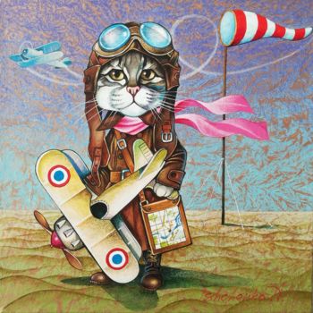 绘画 标题为“Aviator Cat” 由Alexander Ishchenko, 原创艺术品, 丙烯