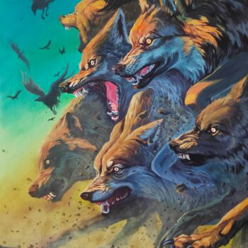 Painting titled "Pack of wolves" by Alexandr Arzhanov, Original Artwork, Acrylic Mounted on Wood Stretcher frame