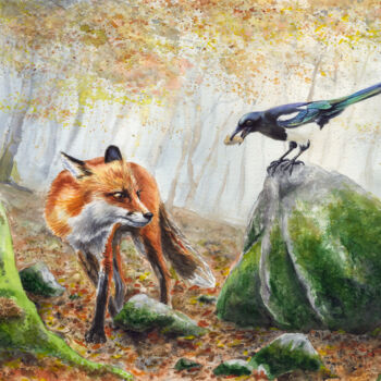 Schilderij getiteld "Fox & Magpie in the…" door Alexandr Karpov, Origineel Kunstwerk, Aquarel