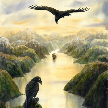 Pittura intitolato "Raven`s Fjord. Watc…" da Alexandr Karpov, Opera d'arte originale, Acquarello
