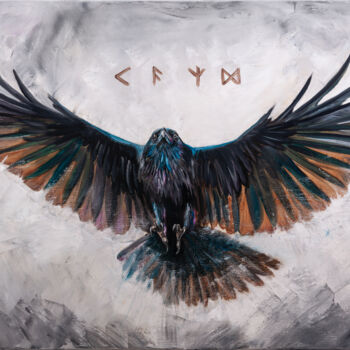 Peinture intitulée "Runic Raven in flig…" par Alexandr Karpov, Œuvre d'art originale, Huile Monté sur Châssis en bois