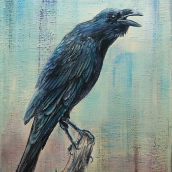 Pintura titulada "Raven on a branch" por Alexandr Karpov, Obra de arte original, Acrílico Montado en Bastidor de camilla de…