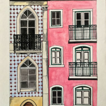 Pintura intitulada "Fachadas Lisboa" por Alexandra Bernardes, Obras de arte originais, Aquarela