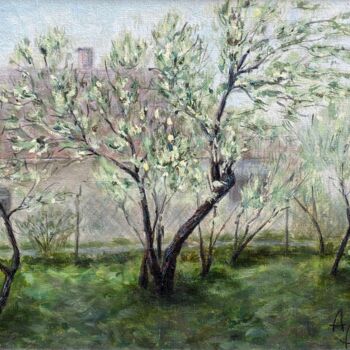 Painting titled "Blooming apple trees" by Alexandra Da, Original Artwork, Oil