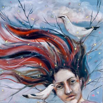 Painting titled "Song of the Birds -…" by Alexandra Jagoda, Original Artwork, Oil Mounted on Wood Stretcher frame