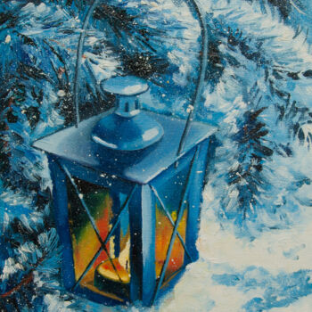 Pittura intitolato "Lanterne in the Sno…" da Alexandra Kazakova, Opera d'arte originale, Olio