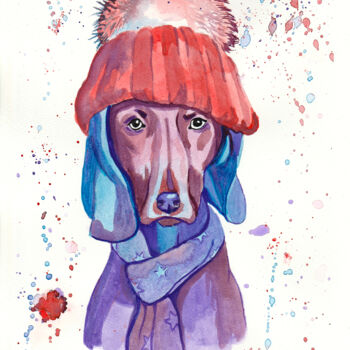 Картина под названием "A Dog in a Bonnet W…" - Alexandra Kazakova, Подлинное произведение искусства, Акварель