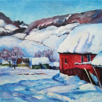 Pittura intitolato "Snow Covered Red Ho…" da Alexandra Kazakova, Opera d'arte originale, Acrilico