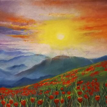 Painting titled ""sunset in the moun…" by Alexandra Korchagina, Original Artwork, Oil Mounted on Wood Stretcher frame