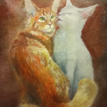 Painting titled "love cats - oil pai…" by Alexandra Korchagina, Original Artwork, Oil Mounted on Wood Stretcher frame