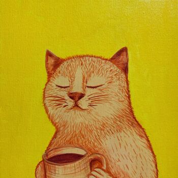 Картина под названием "Кот с кружкой чая" - Alexandra Kuznetsova, Подлинное произведение искусства, Акрил