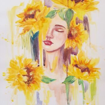 Peinture intitulée "Sunflowers bloom" par Alexandra Lebedenkova, Œuvre d'art originale, Aquarelle