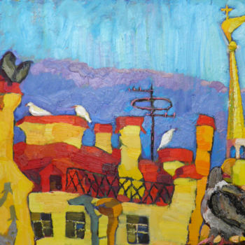 Картина под названием "Birds. City roofs" - Alexandra Ovchinnikova, Подлинное произведение искусства, Масло