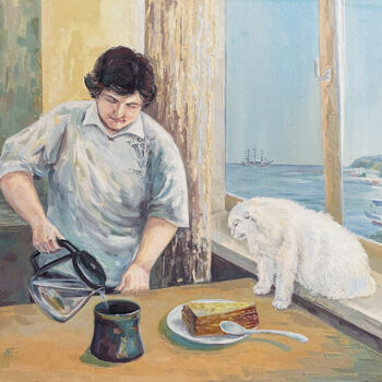 Картина под названием "Tea with a cat" - Alexandra Prekrasnova, Подлинное произведение искусства, Масло