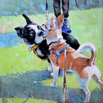 Painting titled "meeting bulldog and…" by Alexandra Sergeeva, Original Artwork, Pastel