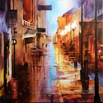 Painting titled "Street in the rain" by Alexandra Yaremenko, Original Artwork, Oil