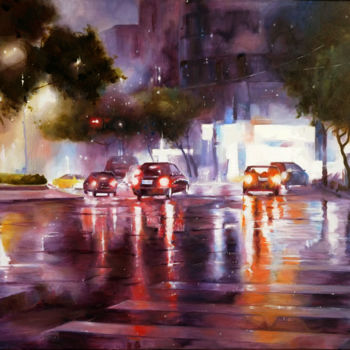 Painting titled "City rain" by Alexandra Yaremenko, Original Artwork, Oil