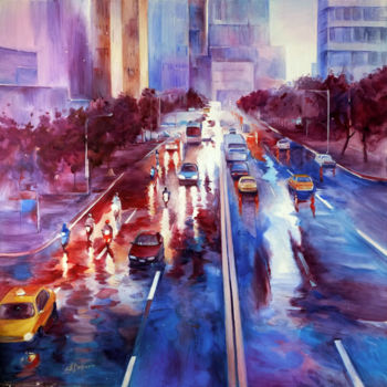 Malerei mit dem Titel "Evening traffic" von Alexandra Yaremenko, Original-Kunstwerk, Öl