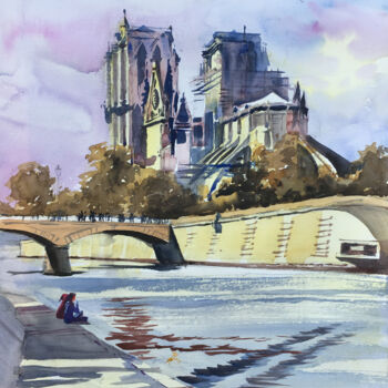 Картина под названием "N°507 Notre-Dame de…" - Alexandre Dumitrescu, Подлинное произведение искусства, Акварель