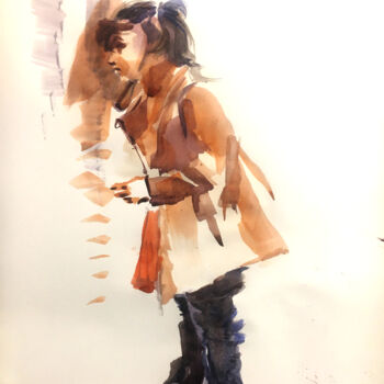 Painting titled "Une jeune fille éco…" by Alexandre Dumitrescu, Original Artwork, Watercolor