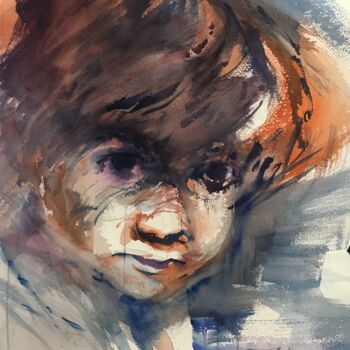 Schilderij getiteld "N°669 Portrait.Jeun…" door Alexandre Dumitrescu, Origineel Kunstwerk, Aquarel