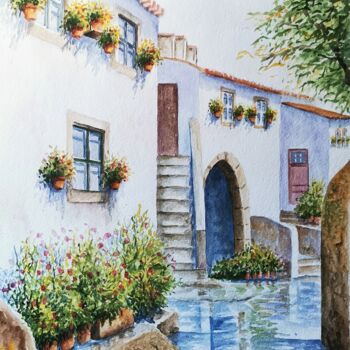 Painting titled "Castelo de Vide" by Alexandre Gomes, Original Artwork, Watercolor Mounted on Wood Stretcher frame