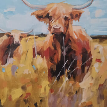 Painting titled "scottish cow" by Alexandre Howden, Original Artwork, Oil Mounted on Wood Stretcher frame