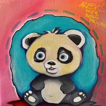 Schilderij getiteld "Baby panda" door Alexandre Iannantuoni, Origineel Kunstwerk, Olie Gemonteerd op Frame voor houten branc…