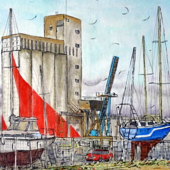 Peinture intitulée "Vue sur le port de…" par Alexandre Simon, Œuvre d'art originale, Aquarelle