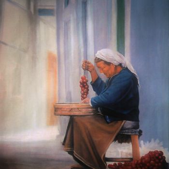 Malerei mit dem Titel "santorini woman" von Alexandrides, Original-Kunstwerk, Öl