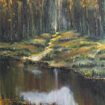 Painting titled "Пруд в лесу" by Alex Shulga, Original Artwork, Oil