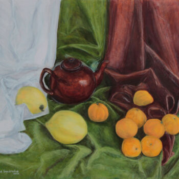 Картина под названием "Still Life with Tea…" - Alexey Beregovoy, Подлинное произведение искусства, Масло Установлен на Дерев…