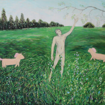 제목이 "Adam and Unicorns"인 미술작품 Alexey Beregovoy로, 원작, 기름 나무 들것 프레임에 장착됨