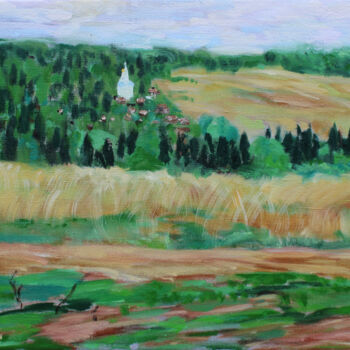 Painting titled "Countryside" by Alexey Beregovoy, Original Artwork, Oil Mounted on Wood Stretcher frame