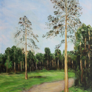 Painting titled "Pine Forest" by Alexey Beregovoy, Original Artwork, Oil Mounted on Wood Stretcher frame