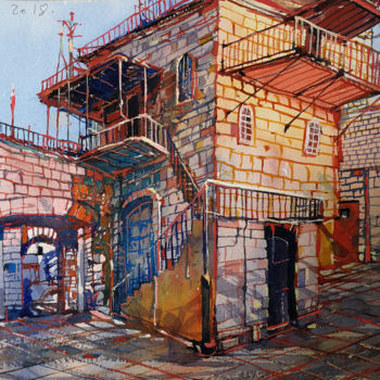 Schilderij getiteld "Cityscape-11" door Alexey Boukingolts, Origineel Kunstwerk, Aquarel