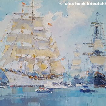 Painting titled "Sail Amsterdam XII" by Alex Hook Krioutchkov, Original Artwork, Oil Mounted on Wood Stretcher frame