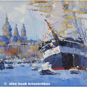 Painting titled "Sail Amsterdam III" by Alex Hook Krioutchkov, Original Artwork, Oil Mounted on Wood Stretcher frame