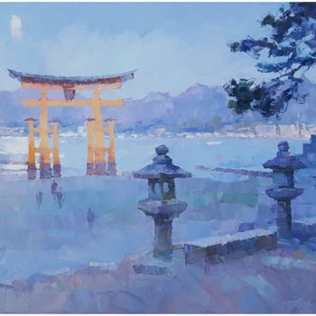 Painting titled "Miyajima at night" by Alex Hook Krioutchkov, Original Artwork, Oil Mounted on Wood Stretcher frame