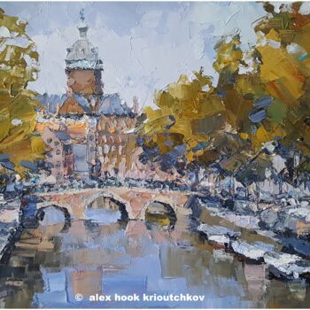 Schilderij getiteld "Amsterdam III" door Alex Hook Krioutchkov, Origineel Kunstwerk, Olie Gemonteerd op Frame voor houten br…