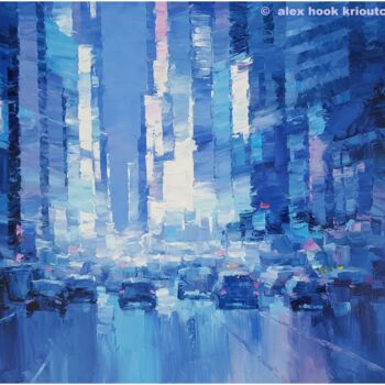 Painting titled "New York at night IV" by Alex Hook Krioutchkov, Original Artwork, Oil Mounted on Wood Stretcher frame