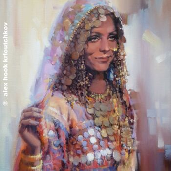 Painting titled "Tribal woman in Ind…" by Alex Hook Krioutchkov, Original Artwork, Oil Mounted on Wood Stretcher frame