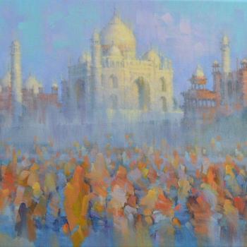 Painting titled "Tadj Mahal. Yamuna…" by Alex Hook Krioutchkov, Original Artwork, Oil Mounted on Wood Stretcher frame