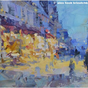 「Montmartre at night…」というタイトルの絵画 Alex Hook Krioutchkovによって, オリジナルのアートワーク, オイル ウッドストレッチャーフレームにマウント