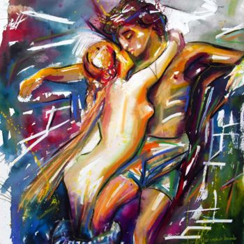 Картина под названием "La sirène et le mar…" - Alexis Chomel, Подлинное произведение искусства, Акварель