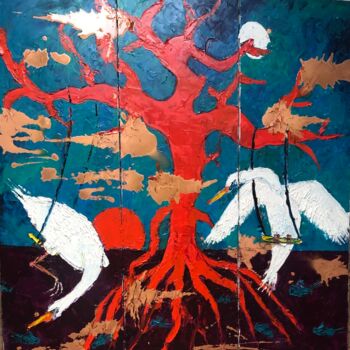 Peinture intitulée "Cygnes sur balançoi…" par Alexis Schultz, Œuvre d'art originale, Huile Monté sur Châssis en bois