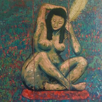 Painting titled "Femme assise" by Alexis Schultz, Original Artwork, Oil Mounted on Wood Stretcher frame